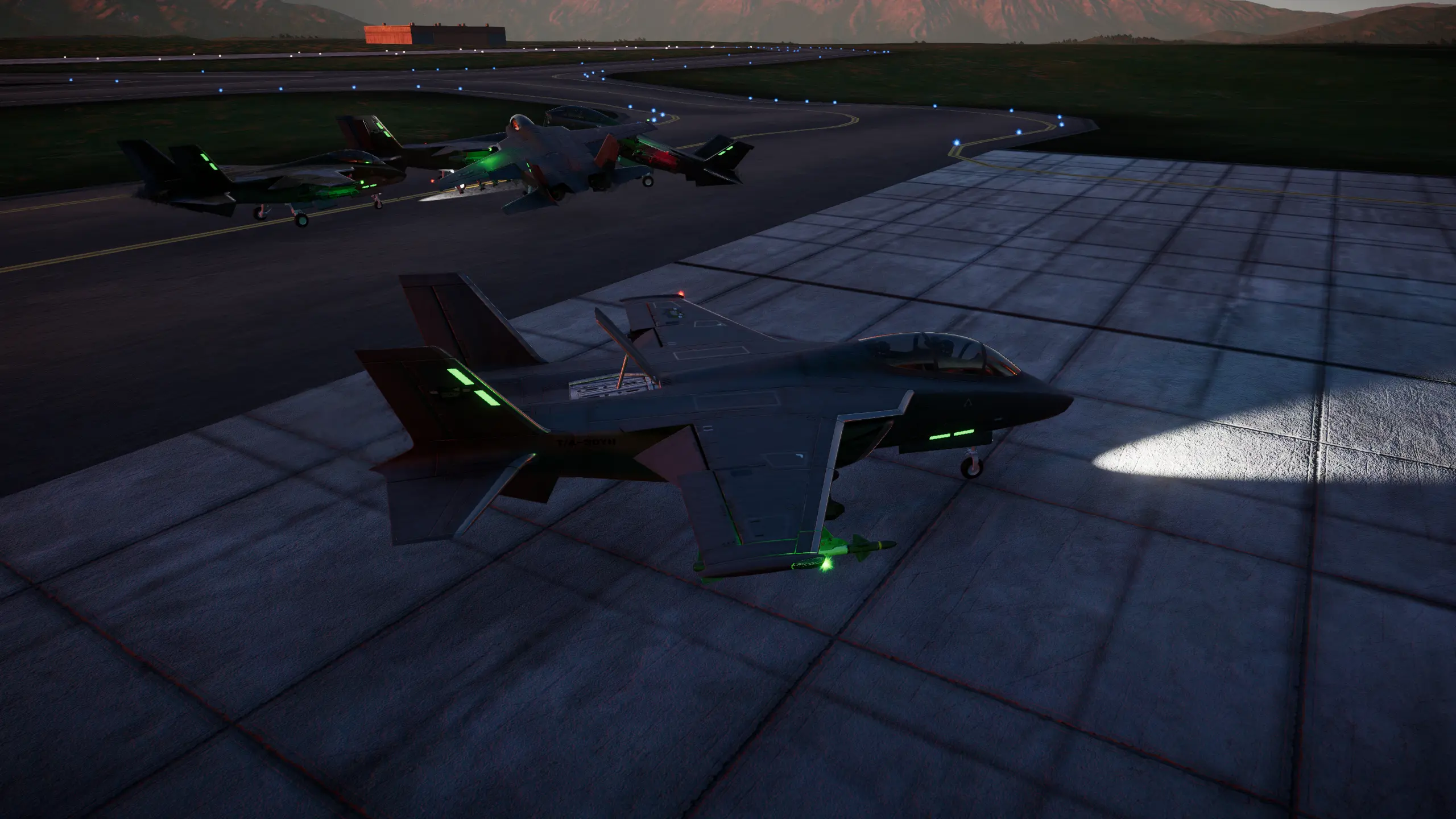 A TA-30 jet parked on the ground while it's dark outside, next to several other crashed TA-30s on the runway